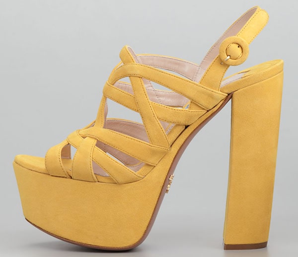 Prada Super Platform Suede Cage Slingback Sandals in Yellow