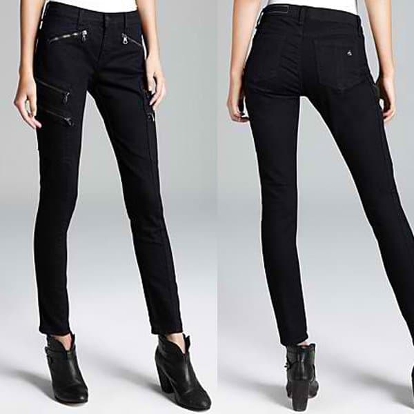 Close-up of the Rag & Bone JEAN Zip-Pocket Jeans Lariat in Midnight, priced at $253, highlighting the unique double zip pockets