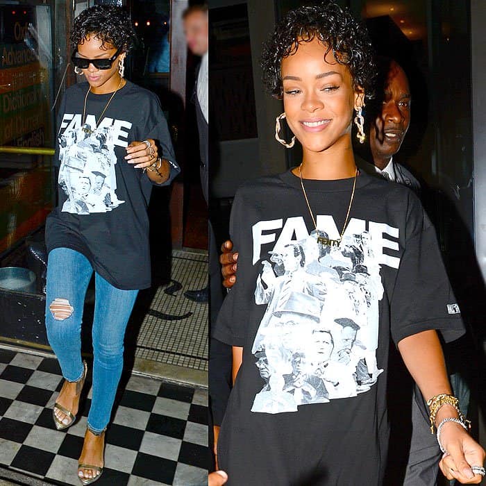 Rihanna stepped out in New York on August 12, 2013, wearing a chic ensemble that included a Frank151 Chapter 51 Leader's tee in black, J Brand 620 mid-rise super skinny jeans, Roberto Cavalli Spring 2013 sandals, Le Specs Bowie sunglasses, and a Gianni Versace vintage Medusa bracelet