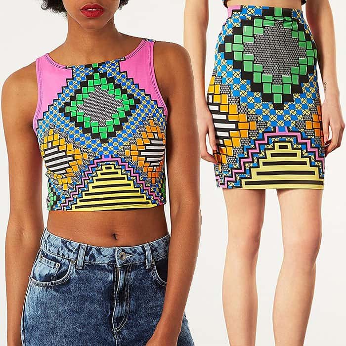 Topshop's latest hits: 'Safari Party' crop tank paired with a chic geometric print skirt