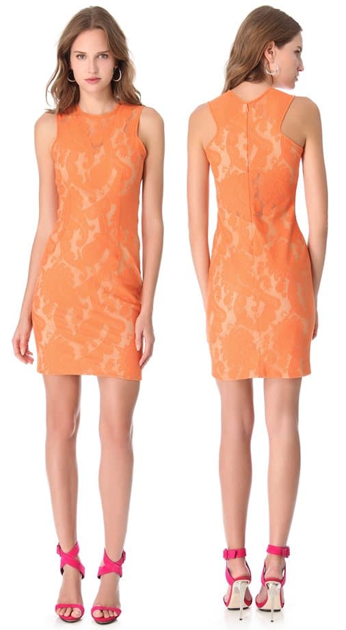 Rendered in bright lace in a paisley pattern, this Yigal Azrouel sheath dress emphasizes the figure for a bold, sexy fit
