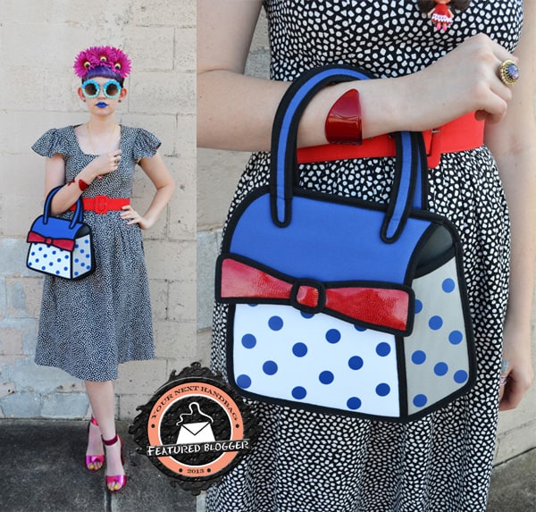 Zoe carries a bag from Jump From Paper, a brand known for its quirky 2D bags cartoon purses