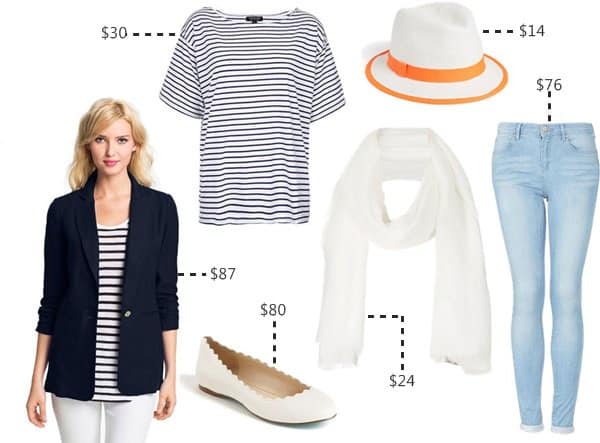 Get Alessandra Ambrosio's nautical-inspired look for less: Featuring a MICHAEL Michael Kors shirred sleeve jacket, a Topshop Breton stripe tee, MOTO Leigh skinny jeans, Betsey Johnson blue dance flats, a Tarnish fluorescent fedora, and a fringed Topshop scarf