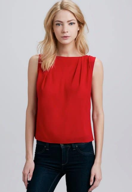Alice + Olivia 'Gladys' silk top in scarlet red, a versatile piece available for $220, perfect for any wardrobe