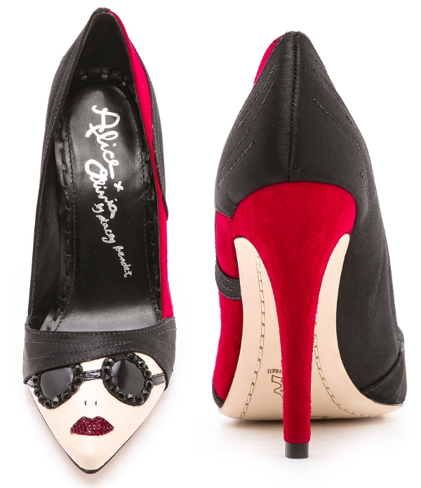 Tonal rhinestones accent the playful graphic. Angular cutout vamp and pointed toe