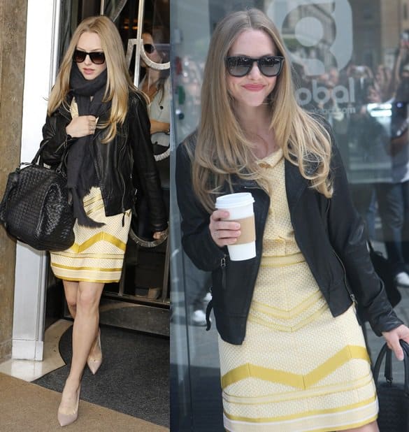 Amanda Seyfried was seen in London wearing a vibrant yellow dress that she paired with a black leather jacket, a black Bottega Veneta handbag, and a black scarf in an attempt to tone down its sunny appeal