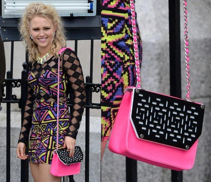 Channeling Carrie Bradshaw, AnnaSophia Robb rocks a vibrant '80s-inspired outfit on the set of 'The Carrie Diaries'