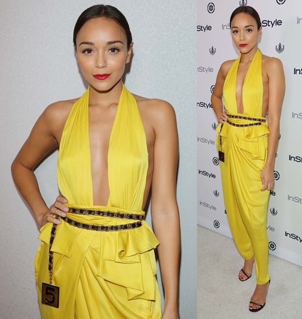 Ashley Madekwe wears a yellow Diane von Furstenberg jumpsuit at the 12th annual InStyle Summer Soiree