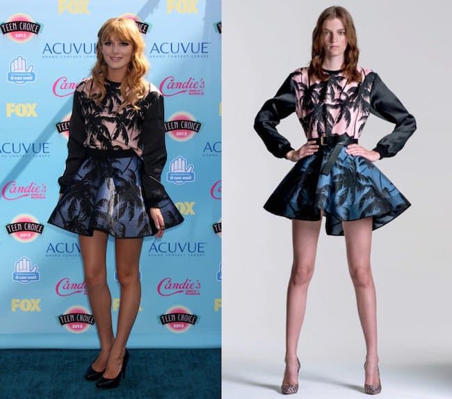 Bella Thorne wore a long-sleeved pullover top and an A-line miniskirt that she accessorized with a Diane von Furstenberg clutch bag and Candies pumps