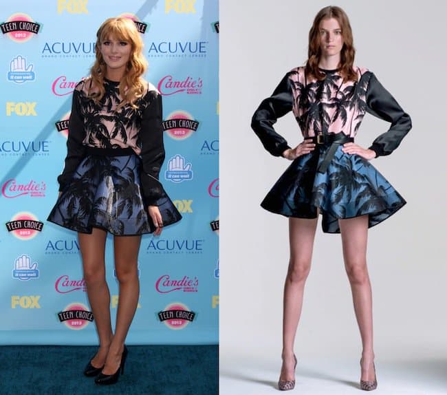 Bella Thorne captured the essence of summer at the 2013 Teen Choice Awards, sporting a vibrant Fausto Puglisi ensemble with a coral palm-print top and a high-low blue skater skirt, complemented by simple black pumps, a chic DVF clutch, and elegant gold accessories