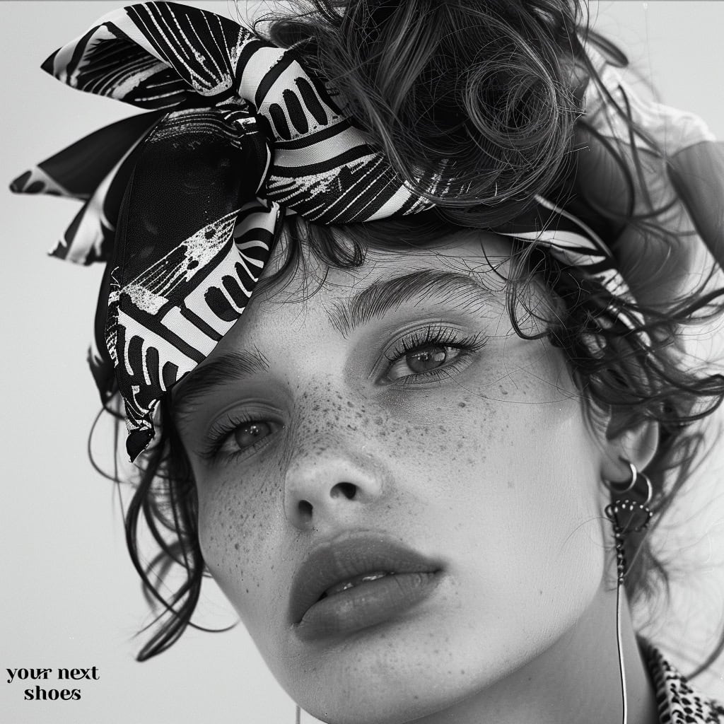 Captivating close-up: A model exudes timeless elegance with a boldly patterned black and white headscarf, highlighting her striking features and freckled complexion