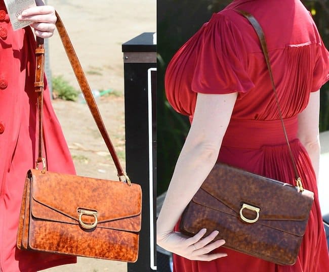 The highlight of her outfit: Christina Hendricks' rust-colored shoulder bag perfectly complements her shoes and vibrant hair
