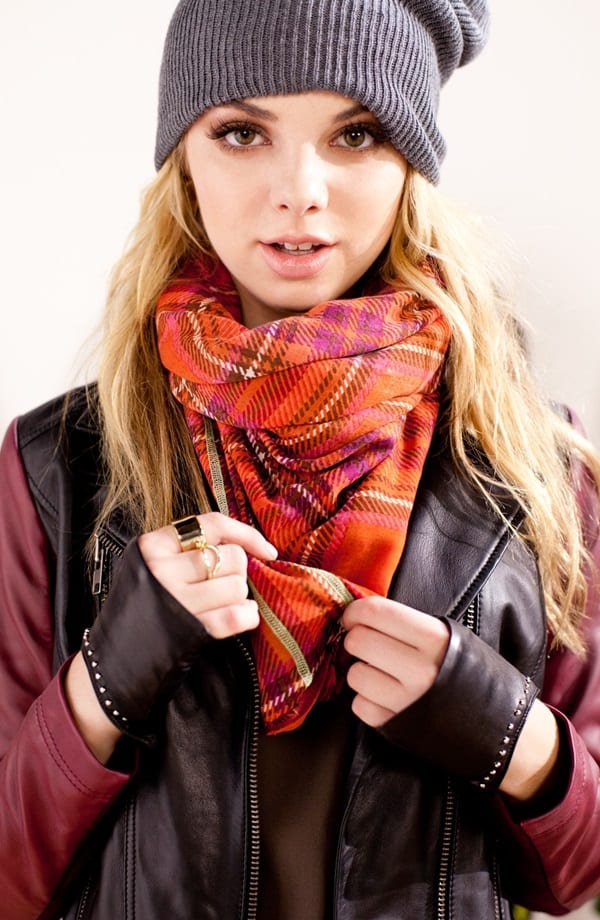 Leather and plaid are among fall's top stories, so why not work the trend by mixing this "Vintage Plaid" Wrap from Echo with a beanie and a rockin' leather jacket?