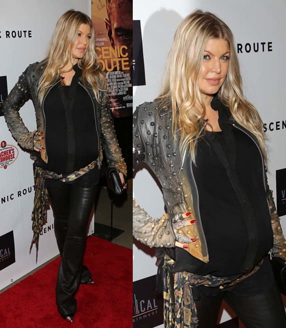 Fergie combines fashion and function with a scarf belt and studded leather jacket at the 'Scenic Route' premiere
