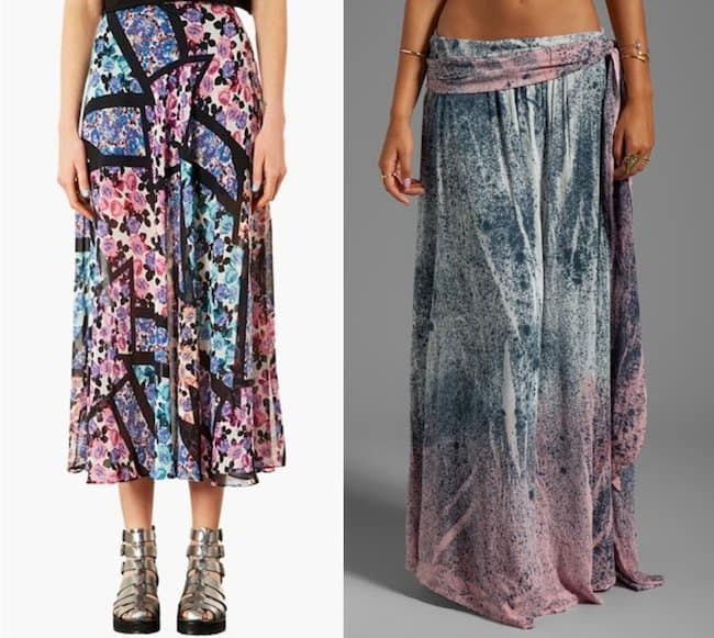 Floral maxi skirt selections: Topshop 'Cut About' in Blue Multi for $90, and Blu Moon wrap skirt in Serpentine, available for $149