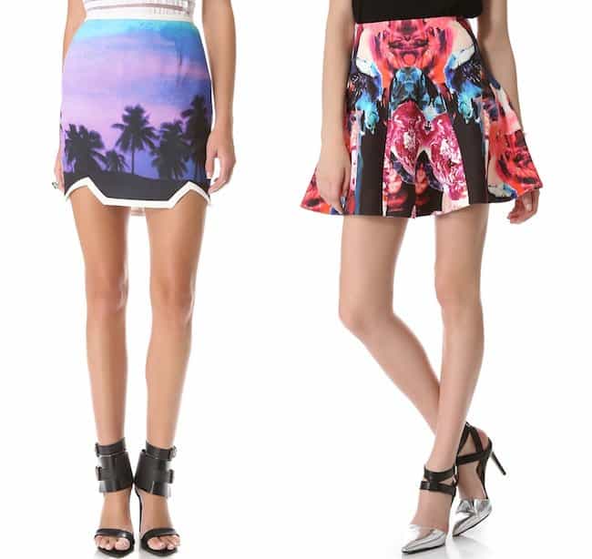 Vibrant skirt options: findersKEEPERS 'You Sent Me' skirt in Paradise Beach Blue/Ivory, priced at $117, and Nicholas 'Melted Floral' scuba godet skirt for $295