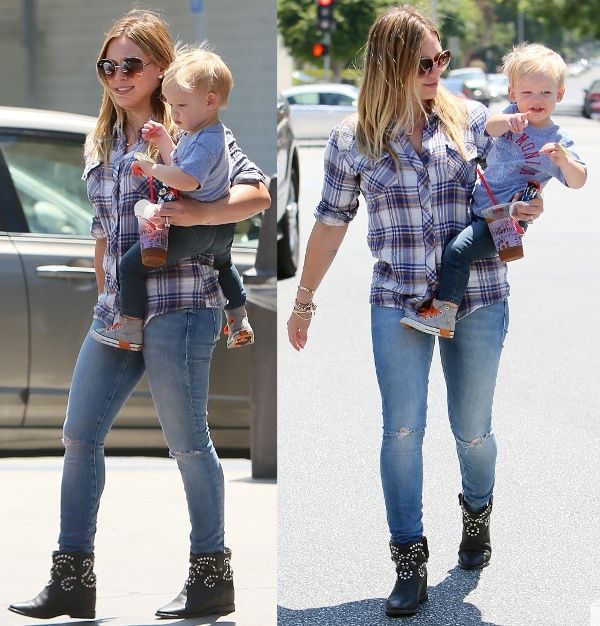 Hilary Duff was cowgirl chic in a plaid shirt with ripped jeans