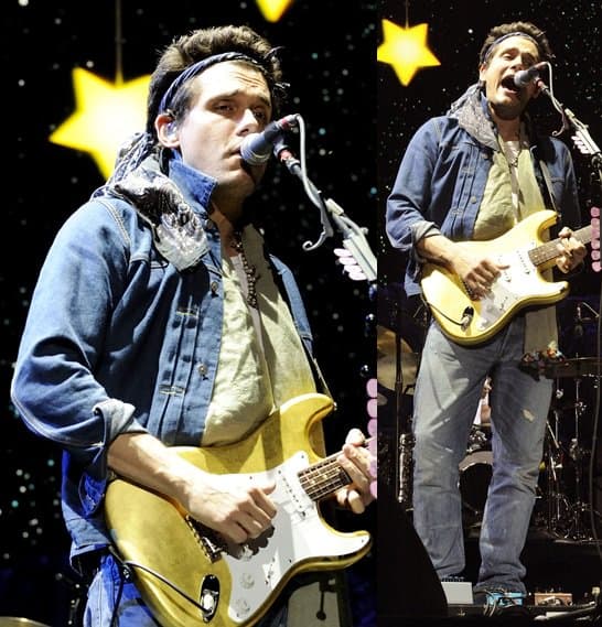 John Mayer embraces bohemian vibes with a bandanna during his live performance in Canada, possibly inspired by Katy Perry