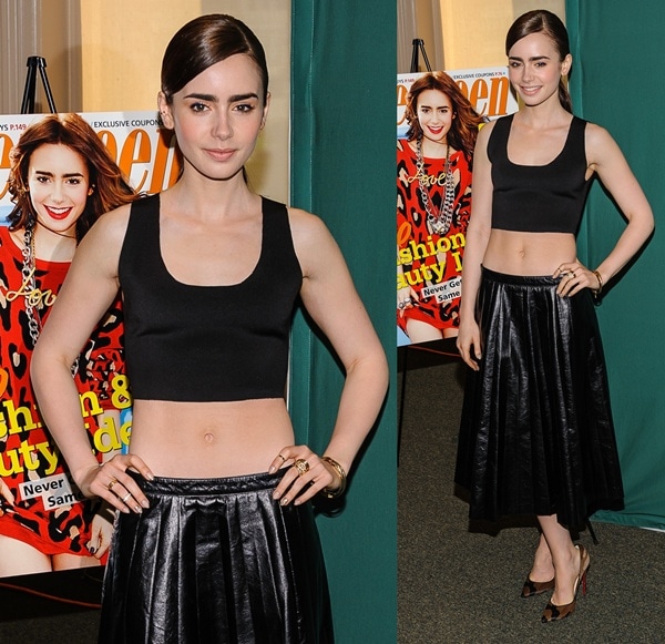 Lily Collins flaunts her toned midriff in a sleek black crop top paired with a leather pleated skirt at her Seventeen Magazine signing event