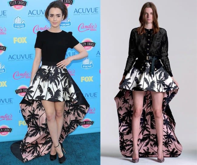 Lily Collins completed the look with minimalist makeup featuring striking cat-eyes, a beehive bouffant with a black Alice band, and complemented it with black Brian Atwood 'Zenith' pumps, Graziela Gems earrings, and EF Collection jewelry