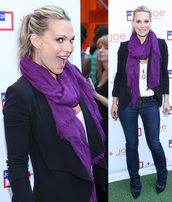 Molly Sims elegantly styled with a jewel-tone purple scarf at the JCPenney + Joe Fresh Kids event, Times Square, NYC, August 21, 2013