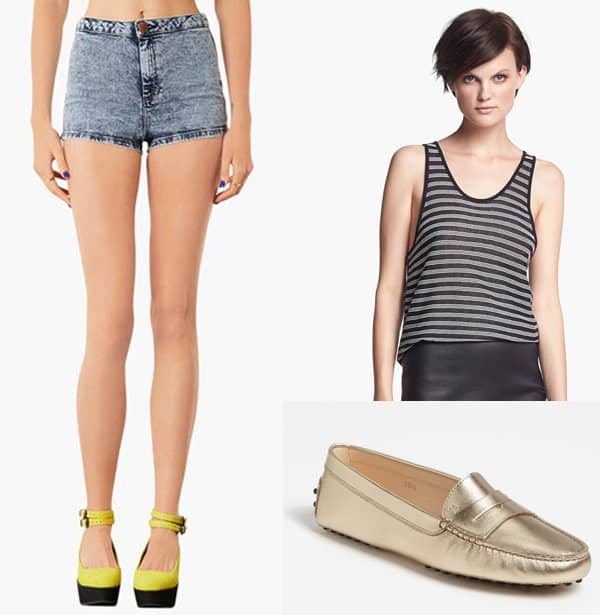 Recreate Pixie's style: Topshop Moto Francis acid-wash denim shorts paired with a striped tank by Alexander Wang and Tod’s Gommini moccasins