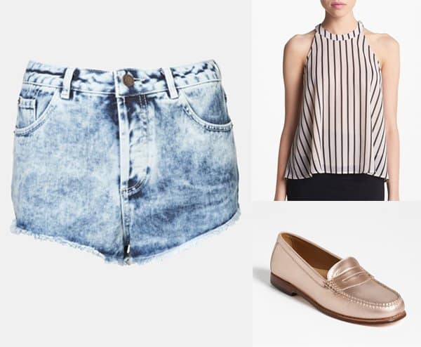 Summer style guide: Topshop's Holly acid-wash denim shorts combined with an ASTR striped racerback tank and Bass loafer flats