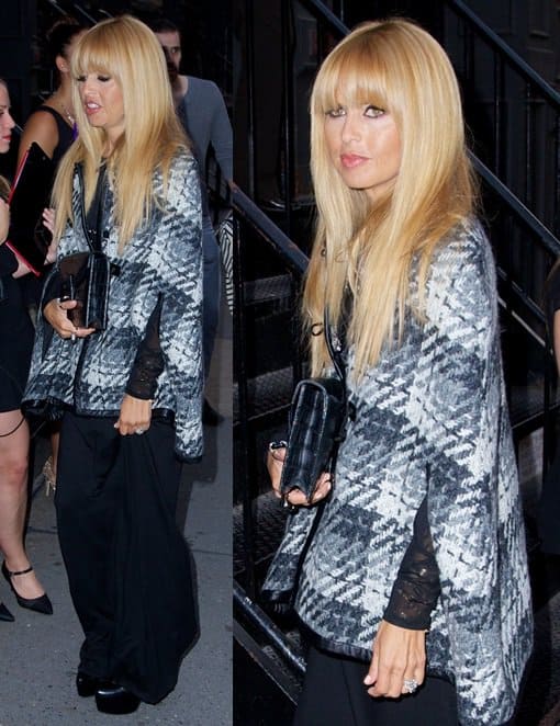 Rachel Zoe steps out in Soho wearing a striking blue plaid tweed cape