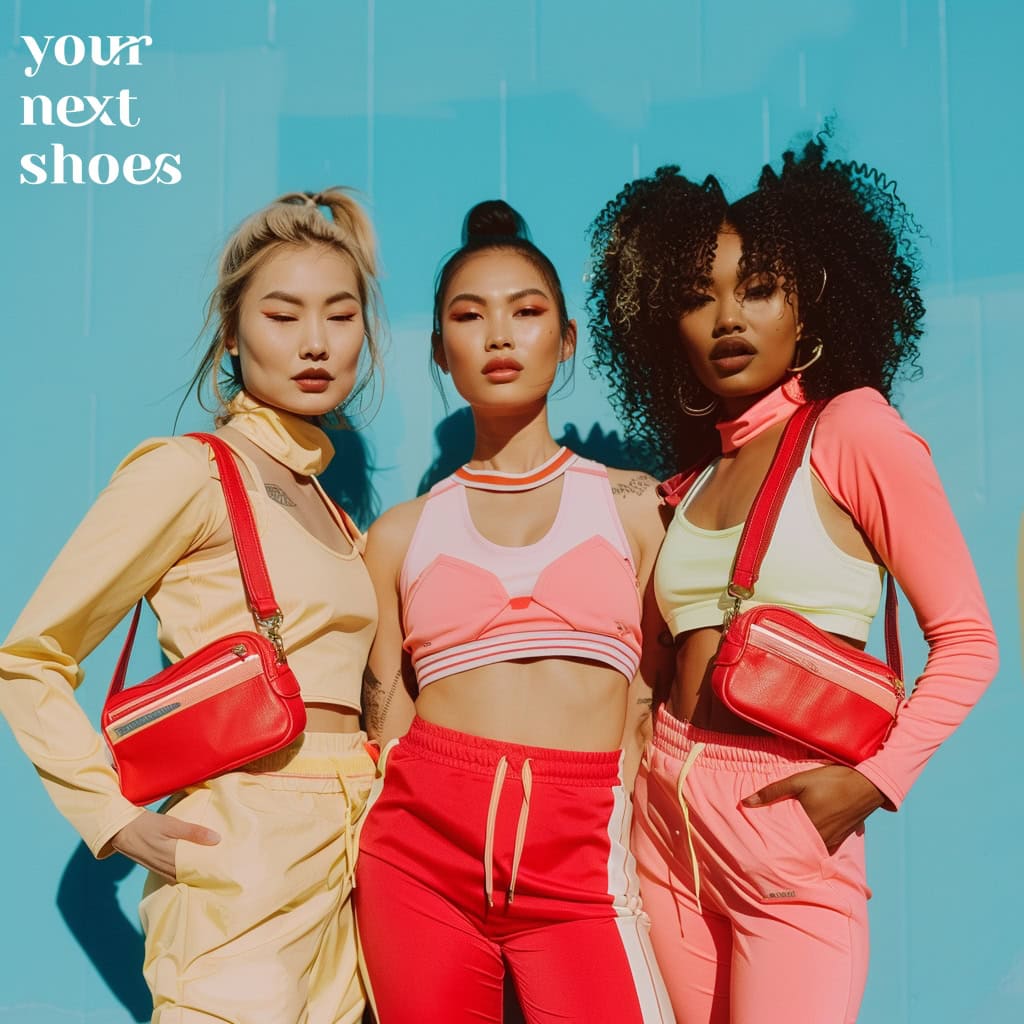 Three trendsetters showcase vibrant gym wear, accessorized with red crossbody bags, combining sporty chic with a splash of color