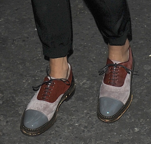 Rita Ora wearing color-blocked oxfords with cropped pants