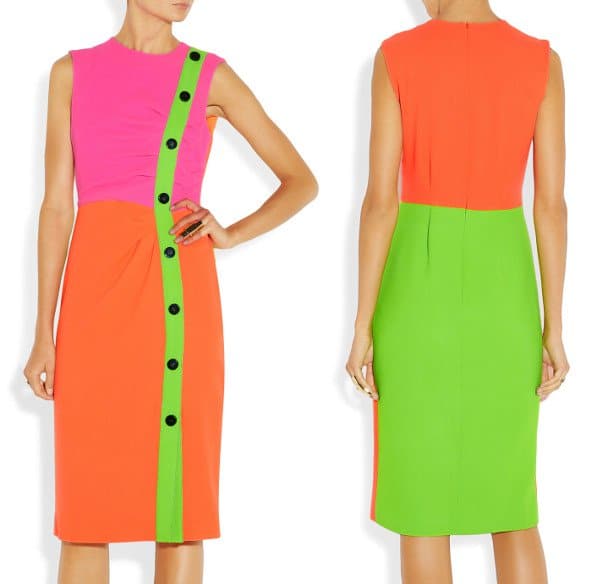The Roksanda Ilinčić Etting Neon Wool-Crepe Dress, featuring a striking color palette similar to Sandra Bullock's Alex Perry dress, $1,506