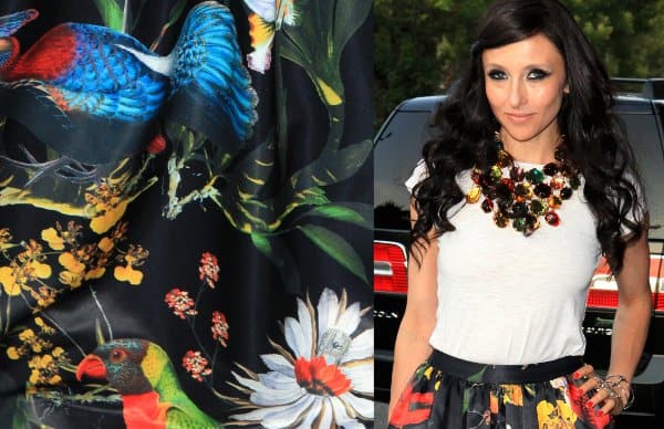 Stacey Bendet's dazzling bib necklace matches the jewel tones of her maxi skirt