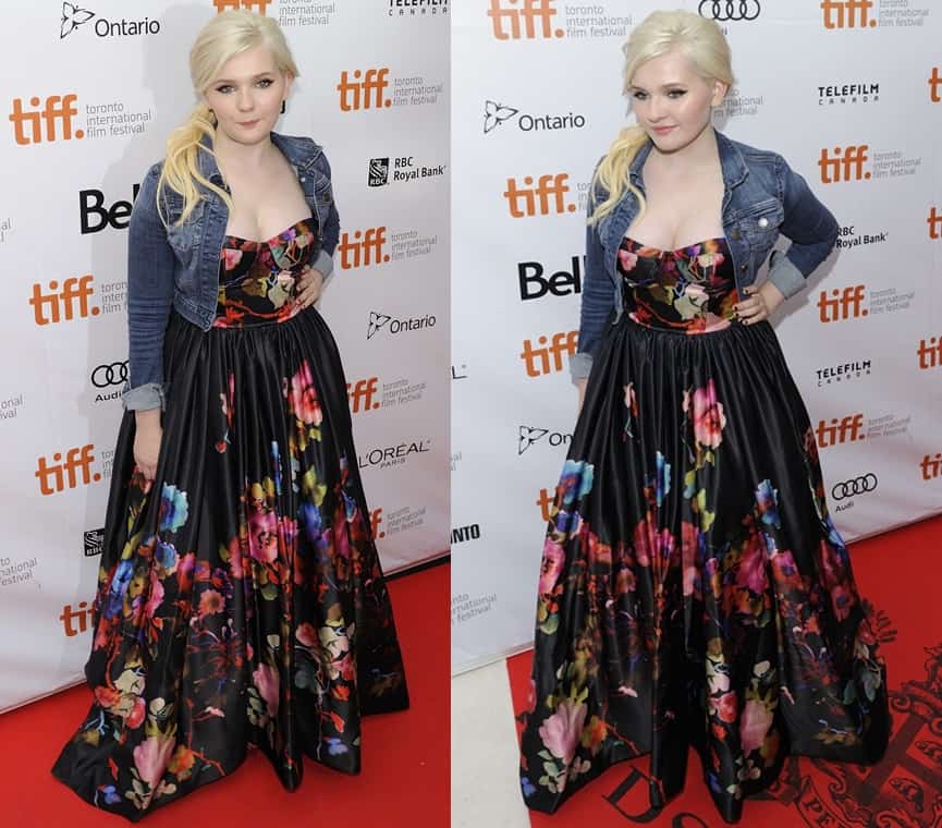 Abigail Breslin highlighted her boobs in an Alice + Olivia floral dress and a Topshop cropped denim jacket