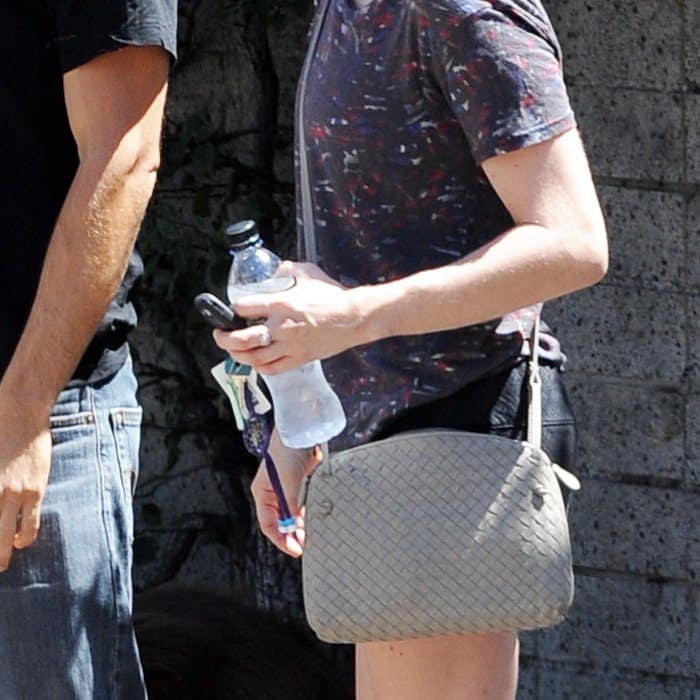 Amanda Seyfried totes a small gray Bottega Veneta crossbody bag