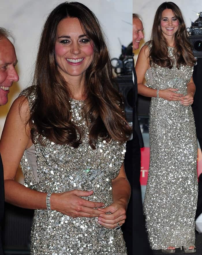 The Duchess of Cambridge dazzled at the Tusk Conservation Awards in a glittering floor-length Jenny Packham sequined gown, paired with diamond jewelry and sparkling stilettos