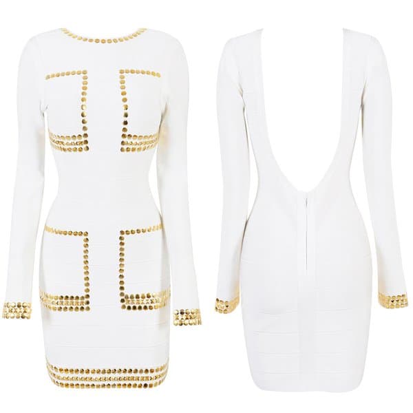 Chloe Sims' choice for the evening: the Celeb Boutique Taylor Gold-Embellished White Bandage Dress, priced at $189