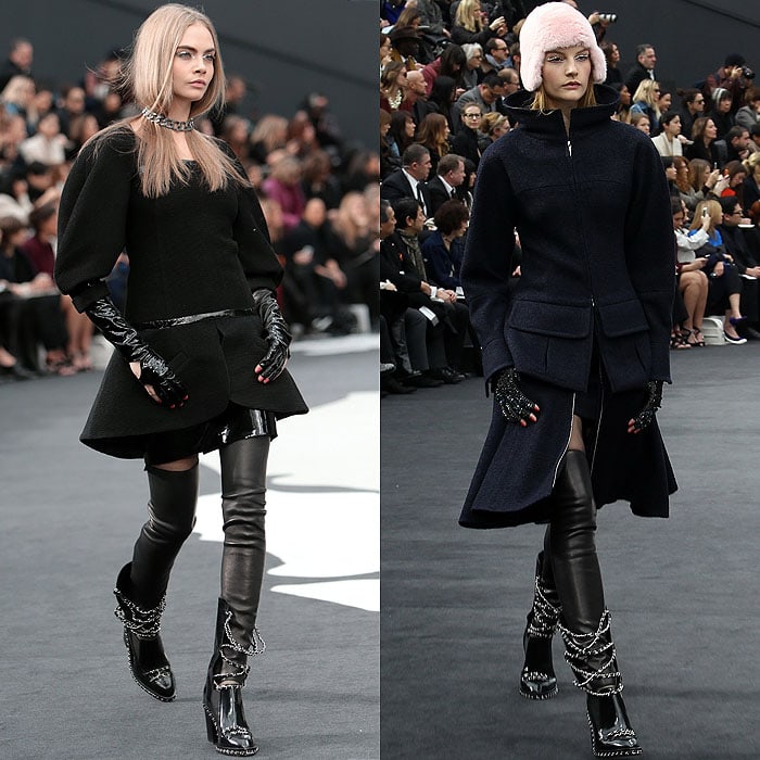 Cara Delevingne and Sigrid Agren showcase Chanel's chain-strapped loafer boots at the Fall 2013 presentation in Paris