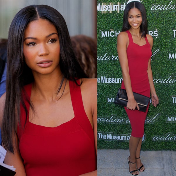 Chanel Iman elegantly pairs a sleek Michael Kors matte jersey dress with a matching Taylor clutch at the FIT Couture Council event