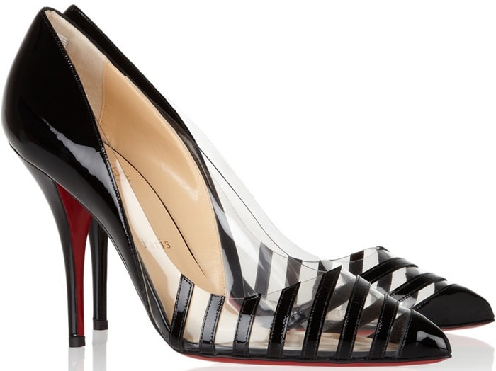 Christian Louboutin Black Pivichic 100 Striped Patent Leather and Pvc Pumps