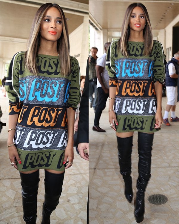 Ciara in a multicolored "Post" dress from Bernhard Willhelm's Fall 2013 collection