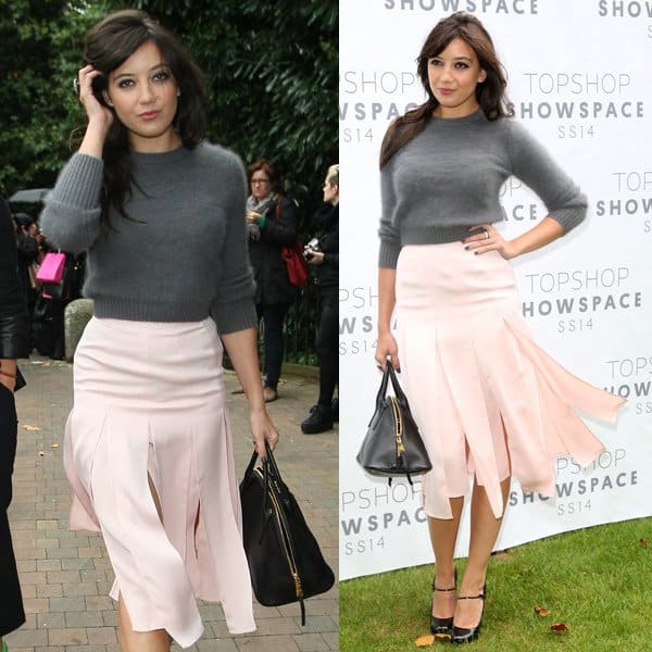 Daisy Lowe’s fuzzy grey knit sweater perfectly complements her blush-colored spliced skirt from Topshop
