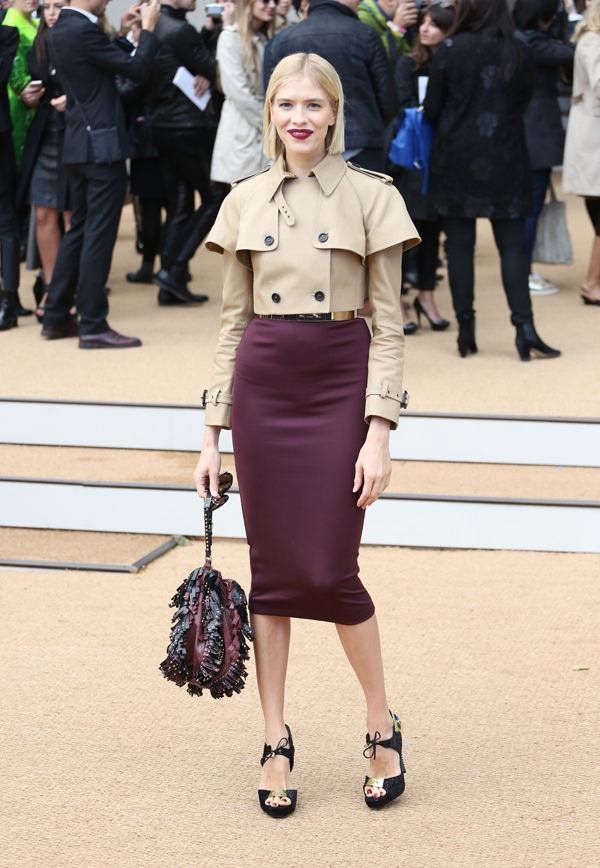 Elena Perminova stands out in a cropped coat paired with a maroon pencil skirt