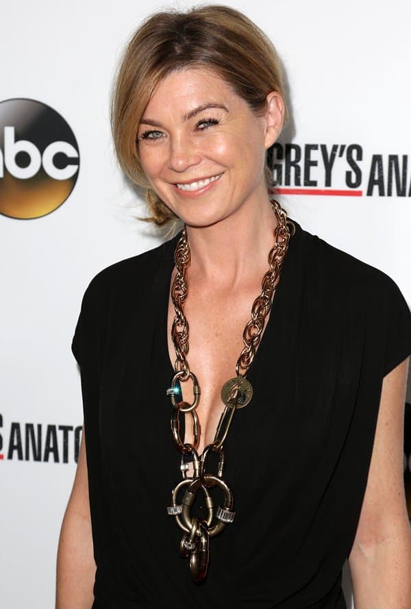 Ellen Pompeo flaunts a chunky gold chain necklace at the Grey's Anatomy 200th Episode Celebration