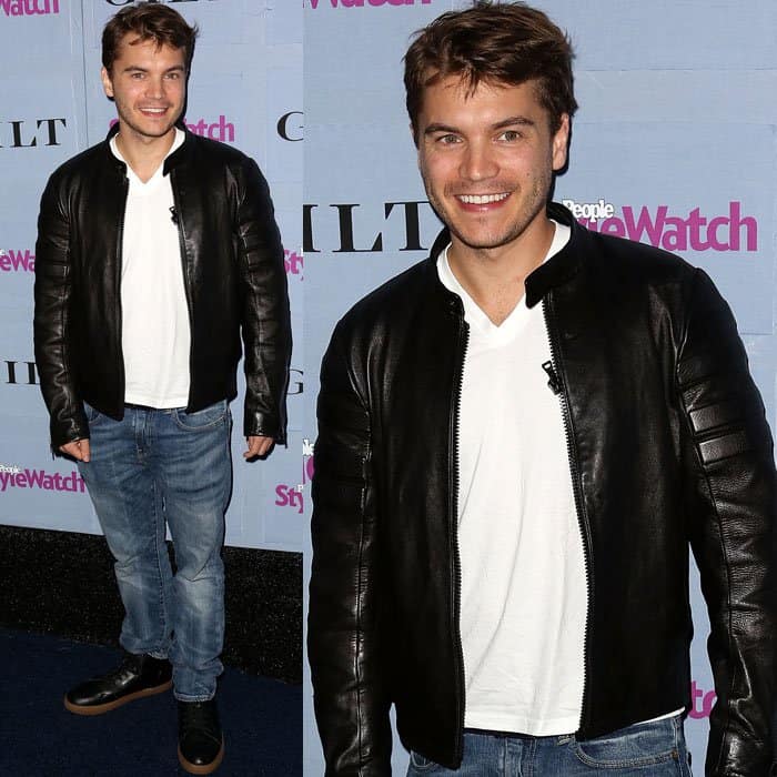 Emile Hirsch keeps it casual yet stylish in a classic black leather jacket layered over a white T-shirt, paired with relaxed blue jeans and black sneakers, striking a balance between laid-back and cool
