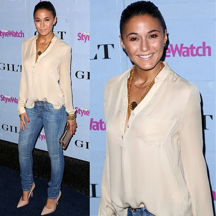 Emmanuelle Chriqui balances her scrunched skinny jeans with a chic look at the People StyleWatch Denim Party, September 19, 2013, at Palihouse in West Hollywood, California
