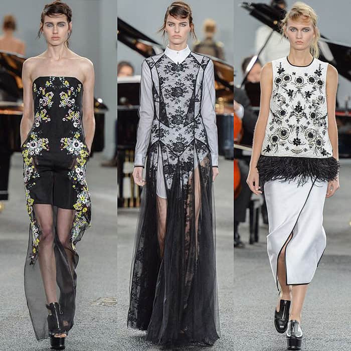 Erdem's Spring 2014 collection combines intricate embroidery, sheer layers, and feathered accents, creating a striking balance of sophistication and rebellious charm