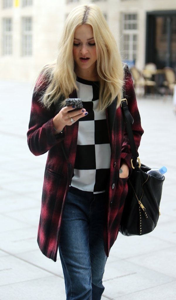 Fearne Cotton looked fabulous wearing a red and black tartan coat outside the BBC Radio 1 studios
