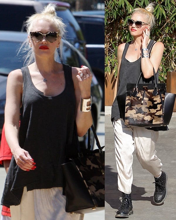 Gwen Stefani's messy top knot and gray top from Wilt