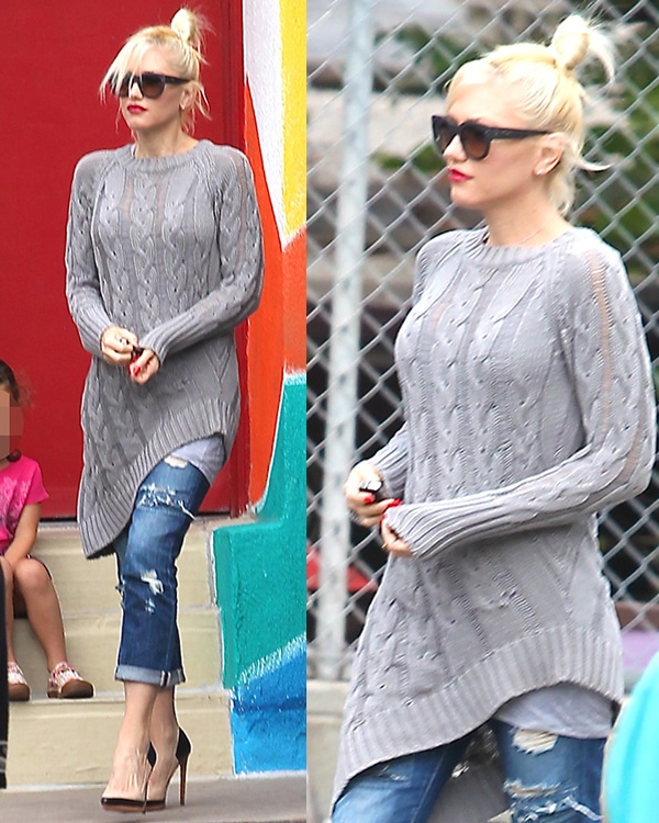 Gwen Stefani wearing a knit top with an asymmetrical hem while leaving a school in Los Angeles