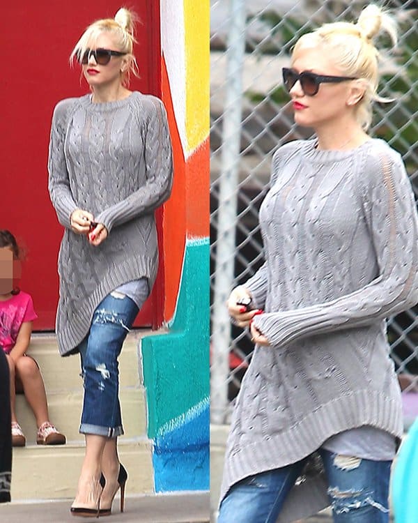 Wearing shredded, ragged boyfriend jeans, Gwen Stefani leaves her son's school in Los Angeles